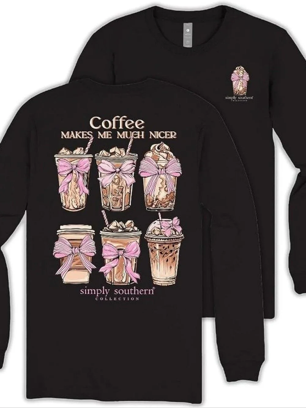 NWT Simply Southern 'Coffee Makes Me Much Nicer' Long Sleeve Tee - Black,Size XL - Picture 1 of 8